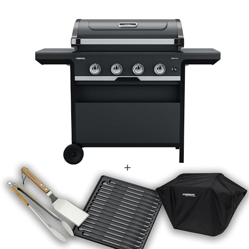 Campingaz Class 4 Select L Barbecue Gaz Combo avec grille de gril supplémentaire, housse, ustensiles, chariot BBQ gaz, 4 brûleurs en acier inoxydable, couvercle avec thermomètre, InstaClean, 12 kW