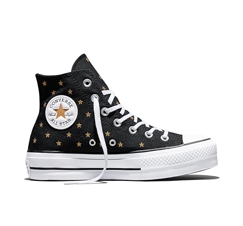 Converse Women Chuck Taylor All Star Lift Platform Embroidered Stars HI, Black/Honey Stick/White, 8