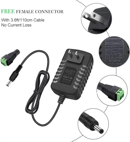 12V Power Supply, 12 Volt 2A 24W DC Power Supply, Black Switching LED Power Adapter, AC 110V to 12V Wall Mounted Transformer Plug for LED Strip Lights with 5.5/2.1 DC Female Connector, 3 Pack