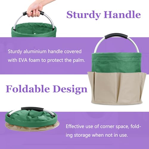 Image of Set of 2 Foldable Cleaning Caddy for Cleaning Supplies, 17L Household Tool Bucket Organizer for Men, Large Cleaning Basket in 600D Oxford Fabric for Travel, Garden, Khaki with Green