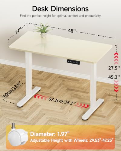 Image of Okin Standing Desk Electric Adjustable Computer Whole Piece Stand up Desk with Wheels Office Gaming Home Office Memory Desks 48x24 inches Cream Brown