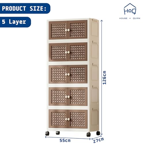 Image of House of Quirk Rattan Design Foldable Storage Box with Wheels, Stackable Storage Bins with Lid, Multi-Purpose Organizer, Space-Saving Storage Cabinet for Home (Cream /Brown, 5 Layer)