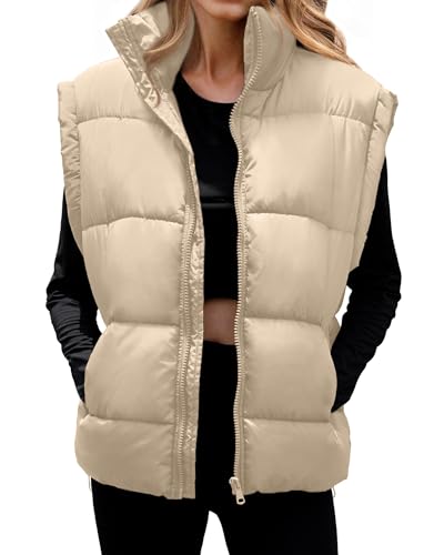 WHN Womens Oversized Puffer Vest Lightweight Winter Warm Stand Collar Padded Puffy Jackets Coats with Plush Pockets