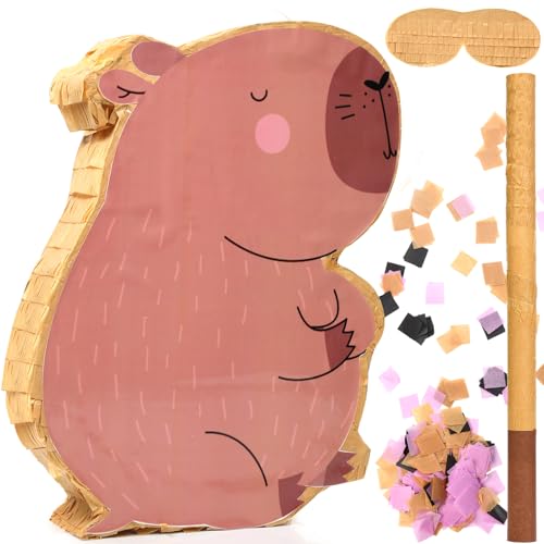 Sonwyoung Capybara Piñata for Kids Birthday Party 15.7 x 10 x 2.8 Inches Animal Piñata with Bat Blindfold and Confetti for Baby Shower Photo Props Cinco De Mayo Fiesta Decoration