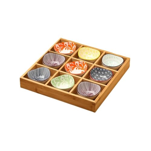 お皿 小皿セット和風 小皿セット 竹トレイ 陶器 前菜皿 盛り鉢 深型 仕切り付き 天然木 9点セット小鉢 醤油皿 前菜皿 盛り鉢 和食器 セラミック アイスクリーム ソース皿 火鍋 焼肉屋 寿司屋 食洗機 C