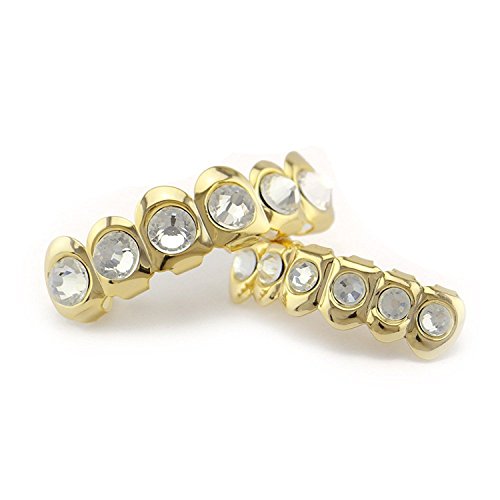 The Bling Factory 24K Gold Plated Round Cz Diamonds Removable Top & Bottom Teeth Grillz Set #TOP2