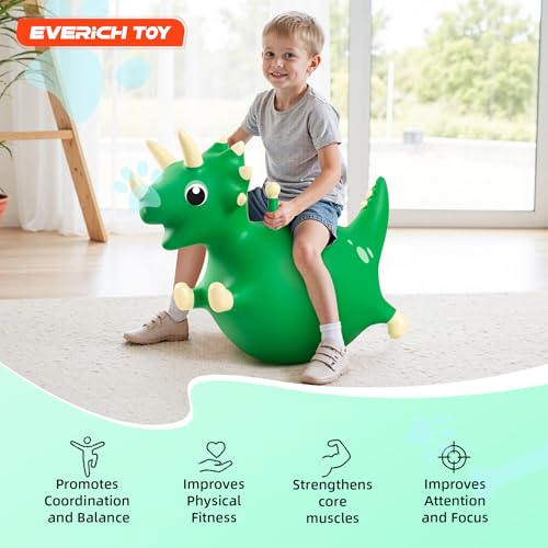Image of EVERICH TOY Bouncy Dinosaur Hopper, Ride-On Animal Hop Toy for Kids 3+ | Inflatable Horse Hopping for Boys Girls, Indoor Outdoor Bouncy Dino Plush Toy for 3 Year Old Kids, Gift for 4 5 6 Yrs W / Pump