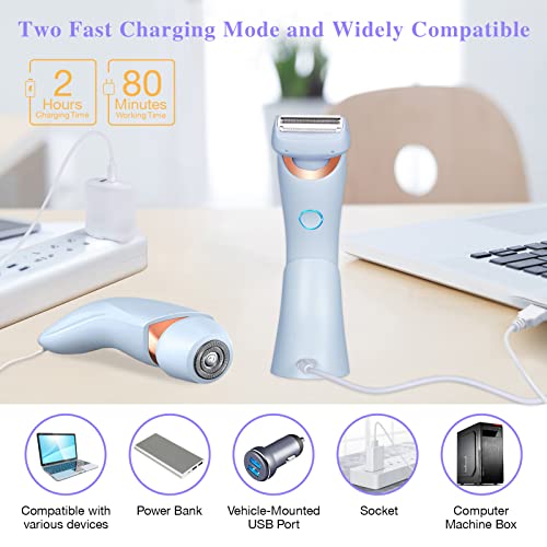 Electric Razors For Women Bikini Trimmer, 2-In-1 Shaver For Women Arm Armpit Bikini Leg, Cordless Portable Lady Electric Shaver For Wet & Dry, Rechargeable Body Hair Removal With Detachable Head, Blue #TOP6