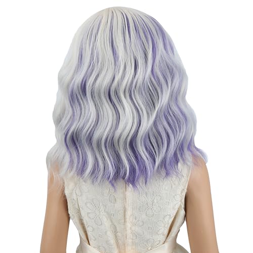 Image of PATTNIUM Blonde Mixed Blue Wig for Kids Girls Short Blonde Blue Wigs Side Part Shoulder Length Wavy Heat Resistant Synthetic Wig
