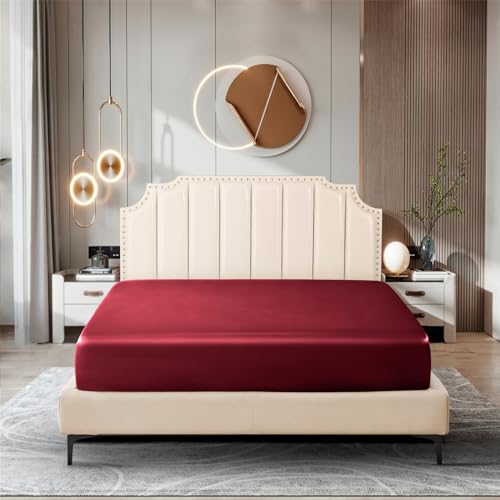 Image of Ersmak Silk Satin Fitted Sheet, Soft Deep Pocket Bottom Luxury Full Fitted Sheet, Wrinkle Free, Breathable, Fade Resistant - Burgundy