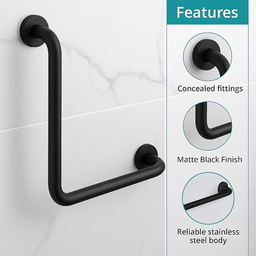 Image of Plantex L-Shape Grab Bar for Toilet /Support Handle for Senior Citizen /Anti-Slip Shower Handrail - Stainless Steel, Pack of 1 (Black)
