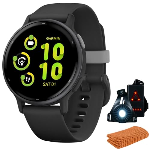 Garmin 010-02862-10 Vivoactive 5 Fitness Smartwatch, paquete negro con toalla deportiva de enfriamiento de entrenamiento y luz de seguridad delantera y trasera Deco Essentials