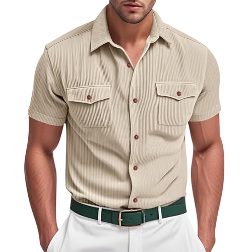Men's Casual Button Down Shirts Short Sleeve Summer Ribbed Knit T-Shirts Fashion Camp Beach Tops with Pockets Khaki
