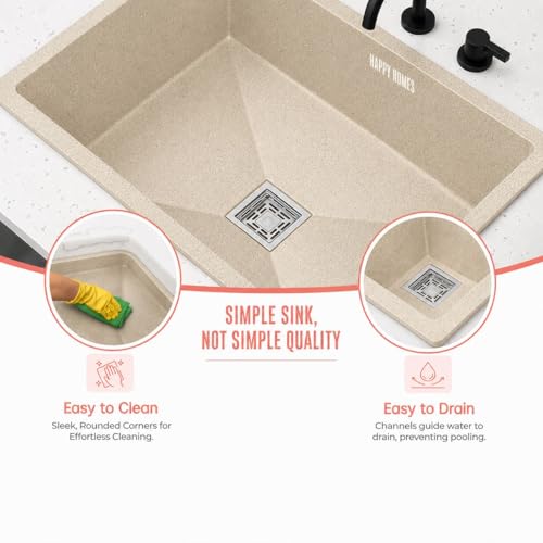 Image of Happy Homes Quartz Sink For Kitchen 24x18x9 INCH - Ivory Granite Kitchen Sink With Waste coupling & PVC Pipe | Smooth Finish, UV Protected, Top & Under Mount- 10 Years warranty