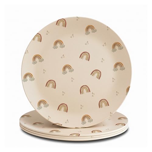 Nook Theory 4 Pack Reusable Bamboo Plates - Non-Toxic Toddler and Kids Plate, Dishwasher Safe, Not Microwavable Dinnerware (Rainbow 8")