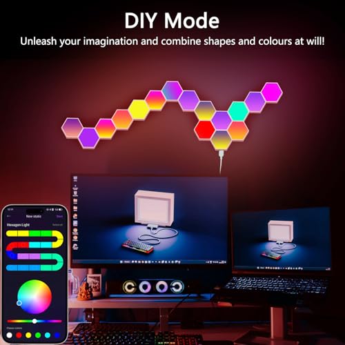 Image of RGB Hexagon Wall Lights, 12 Pack Smart LED Panel Lights with App & Remote, Music Sync, DIY Shapes for Living Room, Bedroom, Gaming Room