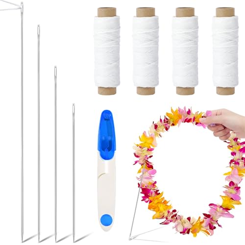 kaiolbly 9 Piece Lei Needle Kit Lei Making Supplies with 4 Long Needles 4 Waxed Strings 1 Sewing Scissors for Hawaiian Leis Stitch Crafts DIY Floral Garland