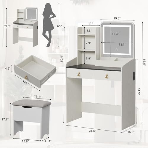 GarveeHome Vanity Desk with LED Light Mirror and Charging Station,Small Makeup Vanities Set with 2 Drawers,Vanity for Girls Women with Storage Stool (White + Black Tabletop)