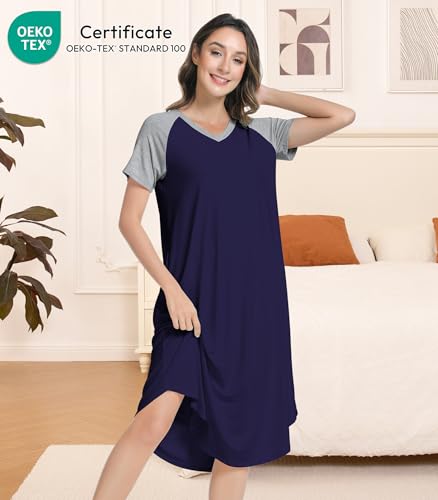 Image of NACHILA Women's Nightgowns-Viscose Made from Bamboo, Soft Sleepshirt Short Sleeve Nightshirt V Neck Sleepwear Cool Loungewear