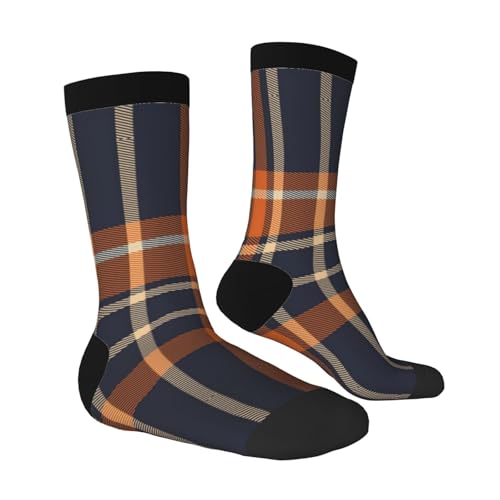 Navy Blue And Orange Plaid High Ankle Crew Socks Casual Mid Calf Dress Socks Long Tube Socks For Men Women2
