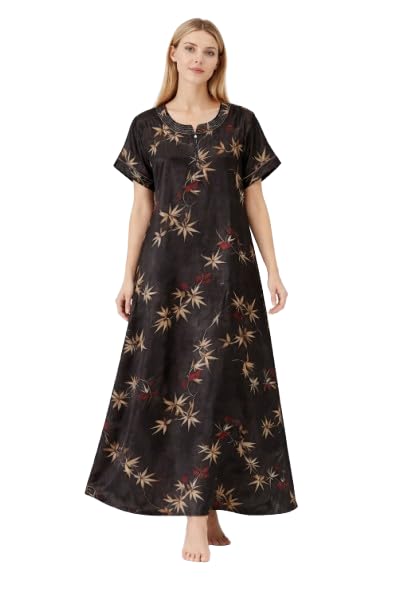 Women Floral Printed Cotton Nighty for Women | Full Length Maxi Night Dress | Round Neck Short Sleeve Sleepwear | Lounge Wear Nightgown-image-30