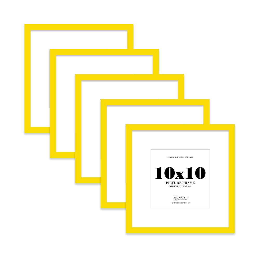 10x10 Yellow Picture Frame with Mount for 8x8 Photos, Prints - Modern Square Wall Frame, Set of 5