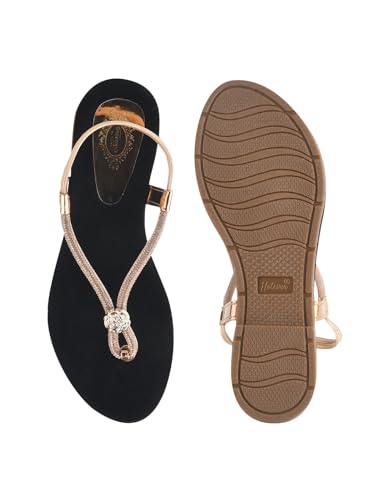 Image of Shoetopia Women's Embellished T-Strap Flats - Crystal Detail Toe Loop Sandals with Cushioned Black Footbed, Slip-On Ethnic Casual Comfort Flats