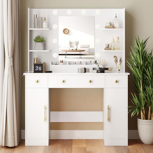 Image of Wodeer Makeup Vanity Desk with Mirror and Lights, 43 inch White Vanity Set with 3 Drawers, Power Outlet & Adjustable RGB LED Lights, Dressing Table with Storage Shelf for Women & Girls Bedroom