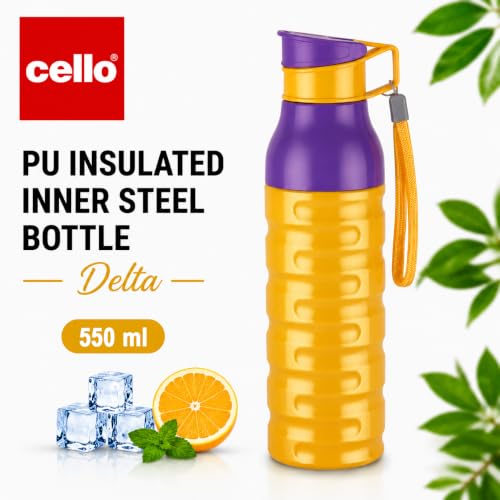 Image of CELLO Puro Steel-X Delta 600 PU Insulated Water Bottle for Office 550 ml Yellow | Wide Mouth Easy to Carry with Strap Leak Proof Flip Top Lid Inner Steel Water Bottle for School Kids, College & Travel