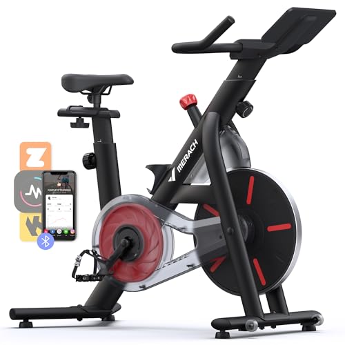 Image of Merach Exercise Bike, Magnetic Friction Stationary Bike with Brake Pad and Exclusive App, Low Noise Indoor Cycling Bike with 300lbs Weight Capacity, Tablet Mount and Fitness Courses for Weight Loss