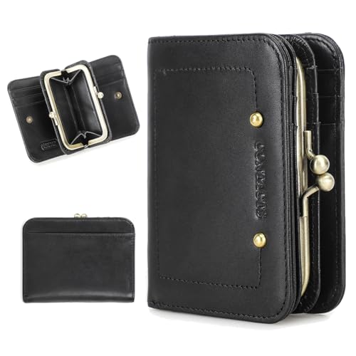 CONTACTS Full Grain Leather Kiss Lock Wallet for Women Vintage Coin Purse Small Bifold Card Holder RFID Blocking with 16 Card Slot (Black)