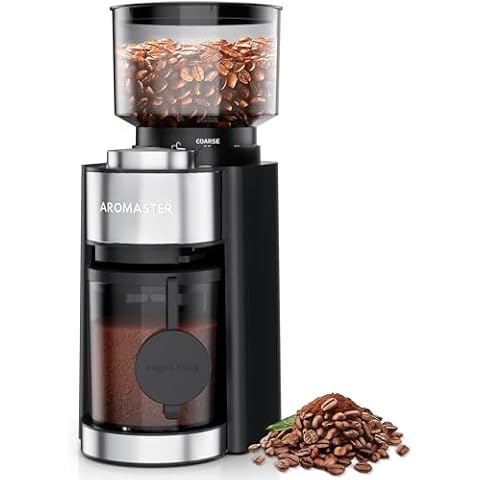 Aromaster Burr Coffee Grinder, Coffee Bean Grinder with 25 Grind Setting, 2-12 Cups Timer, Conical Coffee Grinders for Home Use, 3-Ears Portafilter Holder, Cleaning Brush, Black Cover