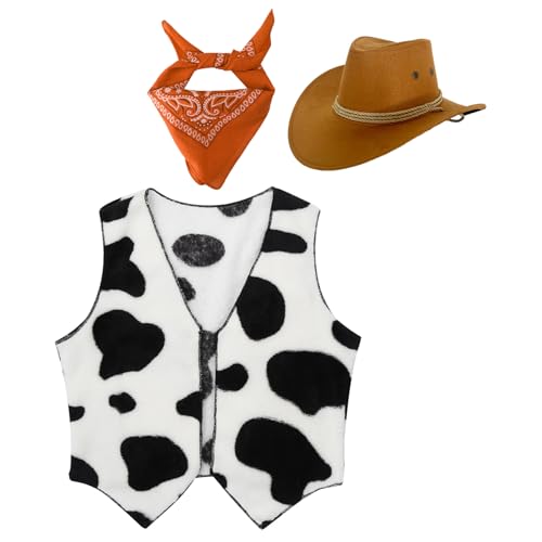 Unisex Kids Cowboy Cowgirls Roleplay Outfits Cow Print Vest Waistcoat Tops with Bandana Hats Set