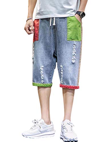 Idopy Men's Patchwork Colorful Ripped Distressed Hip Hop Capri Jeans Baggy Denim Shorts Blue/30