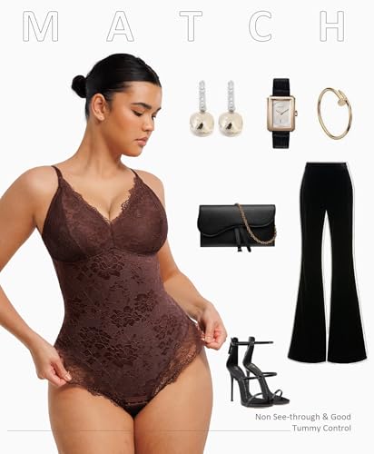 Image of FeelinGirl Shapewear Bodysuits for Women Lace Shapewear Tummy Control V-Neck Sleeveless Bodysuit Tops Jumpsuit