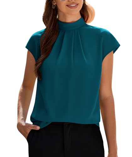 Image of Funlingo Womens Summer Tops Mock Neck Short Cap Sleeve Blouses Business Casual Work Chiffon Shirts Front Pleated Tunic Top