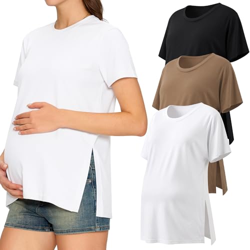 3 Pack Womens Maternity Shirts Crew Neck Maternity Top Side Split Pregnancy Clothes Short Sleeve Black/White/Coffee M