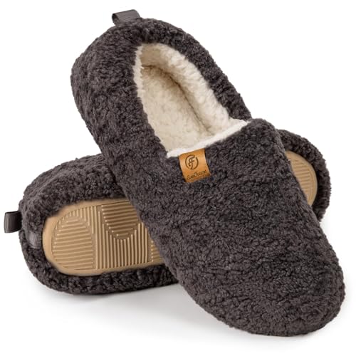 EverFoams Women’s Soft Curly Full Slippers Memory Foam Lightweight House Shoes Cozy Loafer with Polar Fleece Lining Dark Grey,7-8 US