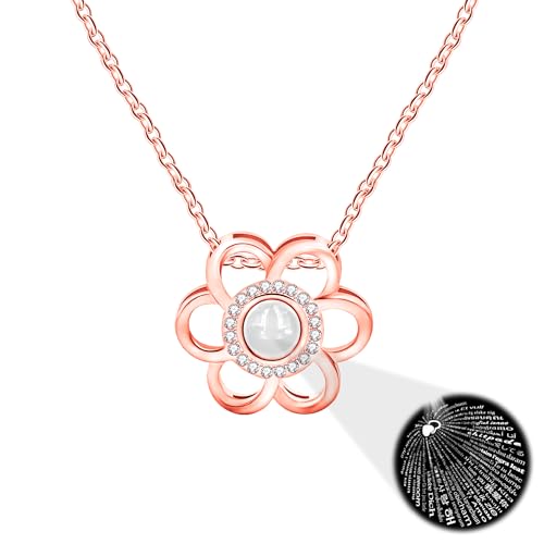 100 Languages I Love You Necklace Inlaid Round Cubic Zirconia Flower Design Projection Pendant Necklace Cute Birthday Gifts for Women