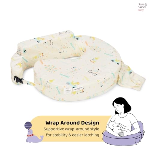 Image of haus & kinder Baby Feeding Pillow for New Born Baby, Breastfeeding & Nursing Pillow with Removable Cover, Posture Support with Pocket, Adjustable Strap, 0-24 Months (Animal Circus)