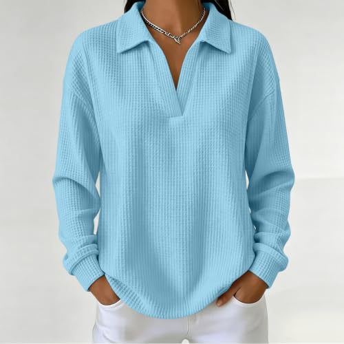 Womens Waffle Knit Collared Shirt Long Sleeve V Neck Pullover Top | Waffle Shirts for Women, Loose Fit Tops, Long Sleeve Blouses, Casual Fall Shirts, Everyday Layering, Womens Fall Fashion 2026 - image 6