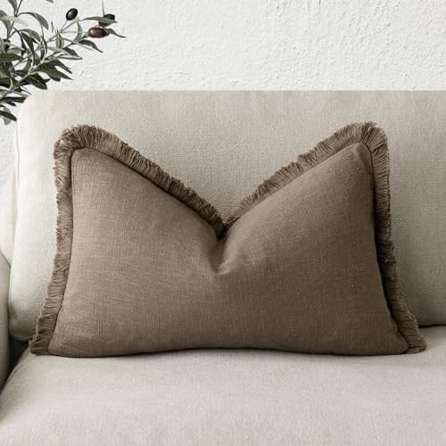 Image of Foindtower Decorative 12x20 Inch, 1PC, Cozy Boho Farmhouse Cushion Cover with Tassel Linen Fringe Lumber Throw Pillow Covers Soft Accent Pillowcase for Sofa Bed Living Room Home Decor, Light Brown