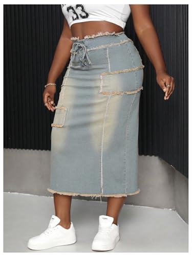 SweatyRocks Women's Plus Size Jean Midi Skirt Denim Raw Trim Lace Up Bodycon Skirts4
