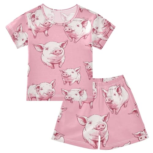 Pajama Short Sets Pink Pig Pattern Print Soft Cotton Summer Sleepwear 2 Piece PJS Size 5-14T