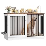 FirFurd Dog Crate Furniture Dog Cage for Large Breeds Wooden Puppy Kennel with Sliding Doors & 2 Bowls Heavy Duty Pet House Indoor Sideboard Cabinet White+Brown 120x90x60cm