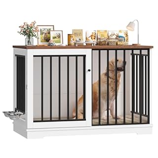 FirFurd Dog Crate Furniture Dog Cage for Large Breeds Wooden Puppy Kennel with Sliding Doors & 2 Bowls Heavy Duty Pet House Indoor Sideboard Cabinet White+Brown 120x90x60cm