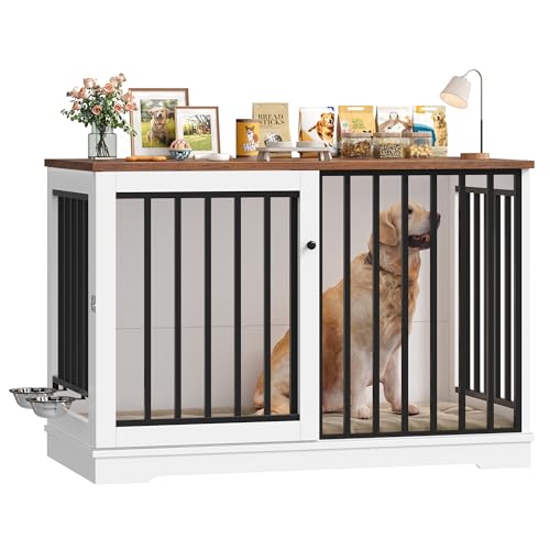 FirFurd 120 cm Gabbia per Cani, Kennel Cane Grande con Porta Scorrevole, con 2 Ciotole che Ruotano di 360°, Cane Kennel in Metallo e Legno, 120x60x90cm (Bianco+Marrone)