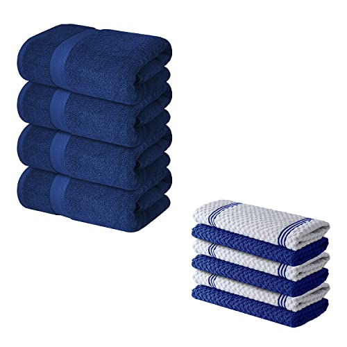 Infinitee Xclusives Pack Of 4 Navy Bath Towels + Pack Of 6 Blue Kitchen Towels - 100% Cotton Terry Towels For Luxury Hotel & Spa Quality #TOP15