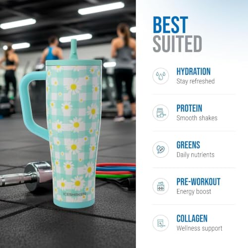 Image of Ice Shaker 40 oz Tumbler with Handle and Straw | 40oz Daisy| Cold for 30+ Hours | 2-in-1 Tumbler Shaker Bottle | Odor-Free 40 ounce Bottle for Water, Protein Shakes, Smoothies, Cocktails