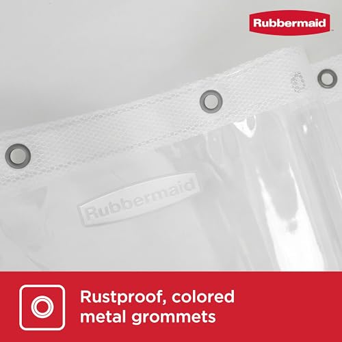Image of Rubbermaid Clear Waterproof Shower Curtain Liner with 5 Storage Pockets, Heavyweight 8g PEVA Shower Liner for Bathroom, with Gray Rustproof Grommets and Pockets, 70x72, Standard Size, Clear